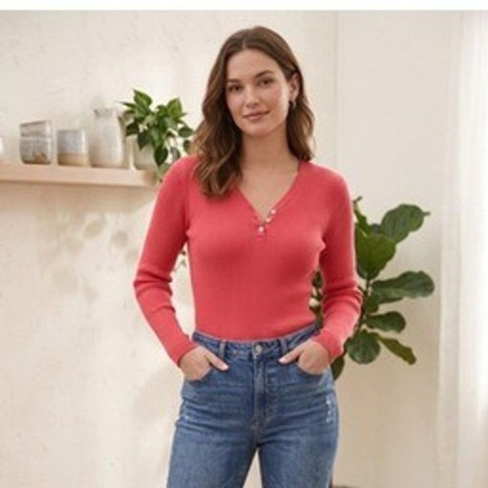 Charter Club Ribbed Cotton Henley Long Sleeve V-Neck Top Pink P/L